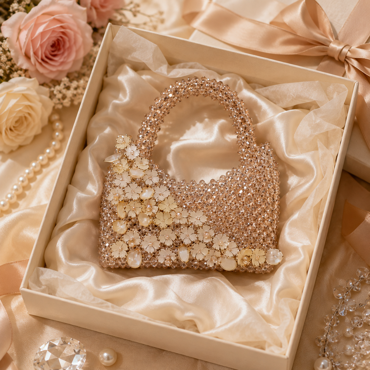 Handmade Champagne Crystal Floral Handbag for Women, Beaded Flower Mini Purse, Sparkly Evening Bag, Wedding Bridal Purse, Unique Gift for Her