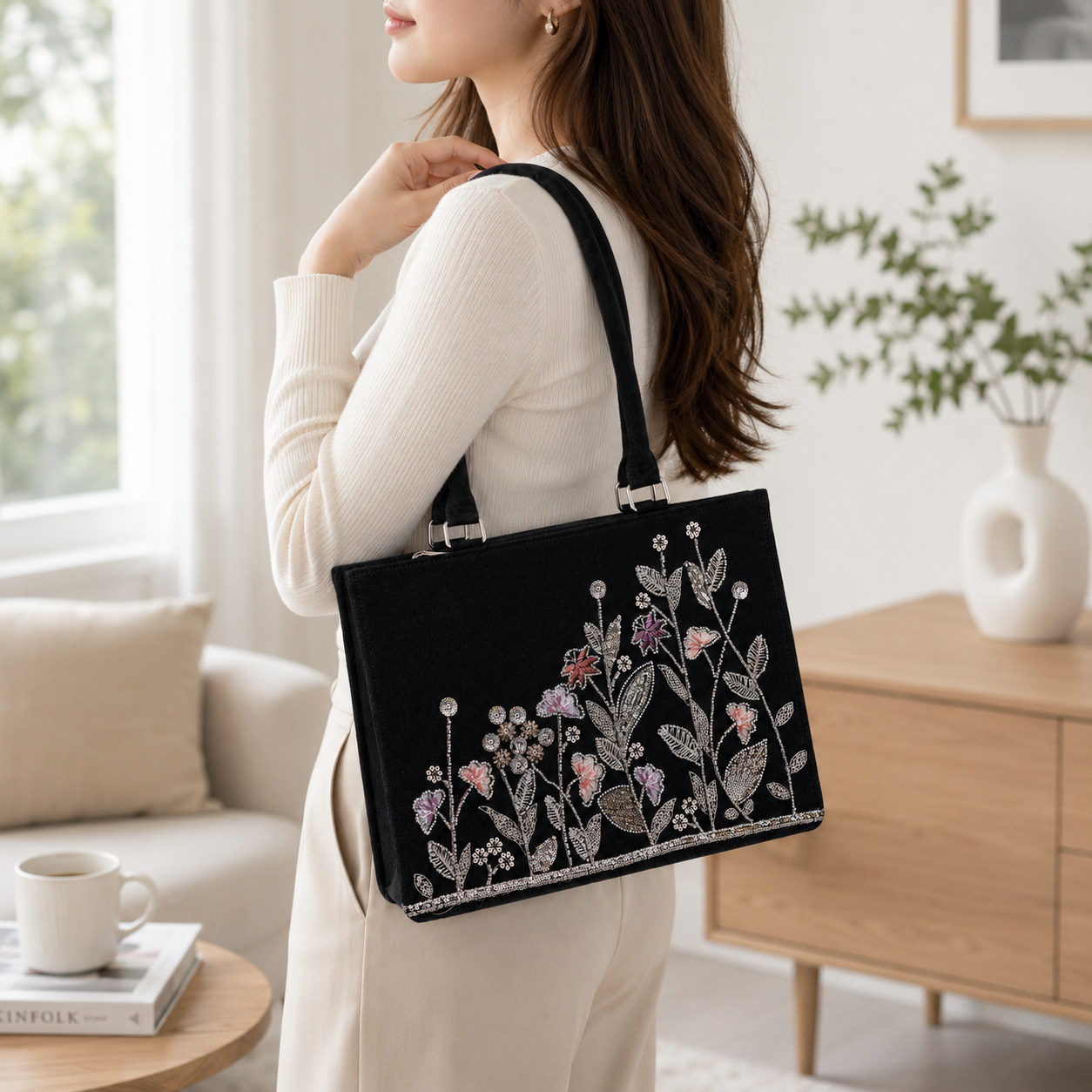 Black Floral Tote Bag | Embroidered Women's Shoulder Bag | Elegant Work Tote | Personalized Gift | Custom Handbag | Everyday Purse