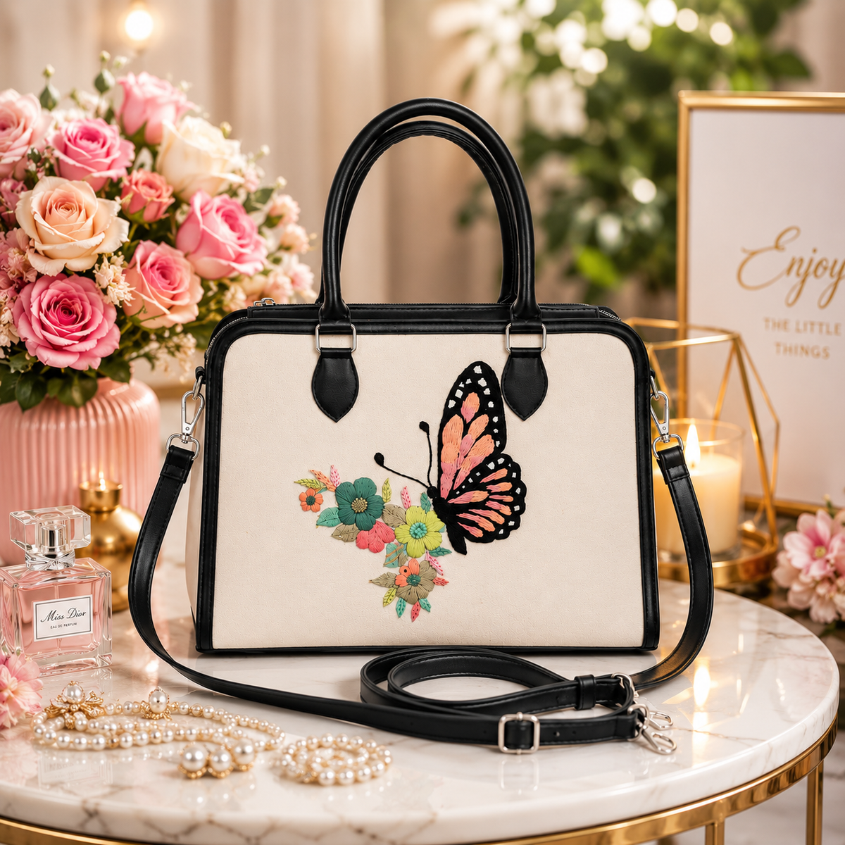 Handmade Butterfly Embroidered Tote Bag – Premium Floral Women’s Handbag